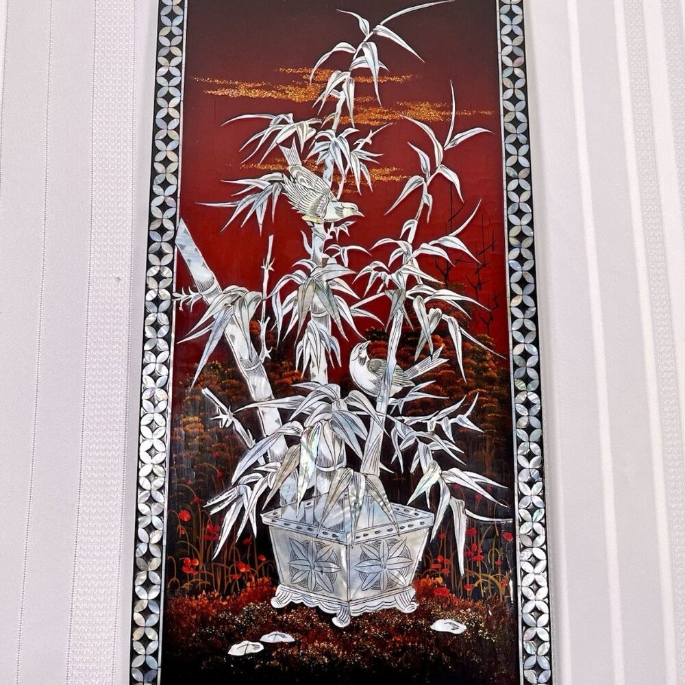 Vintage Mother of Pearl Inlay Lacquer Wall Panel Bamboo Birds Red Sunset Asian